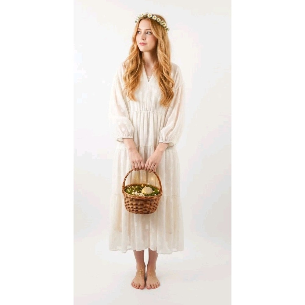 Anthropologie Midi Dress Sheer XS Polka Dot Tiered Fairycore Balloon Sleeve Ecru